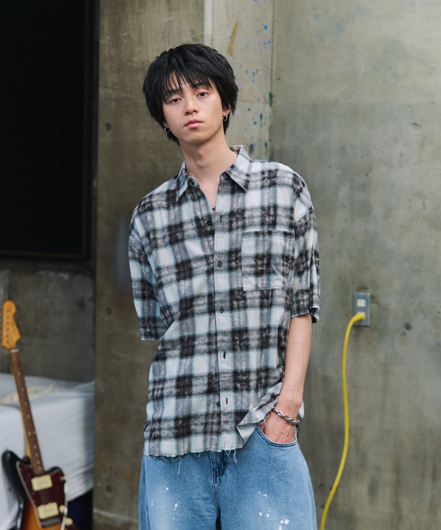 ウォッシュ加工 半袖チェックシャツ