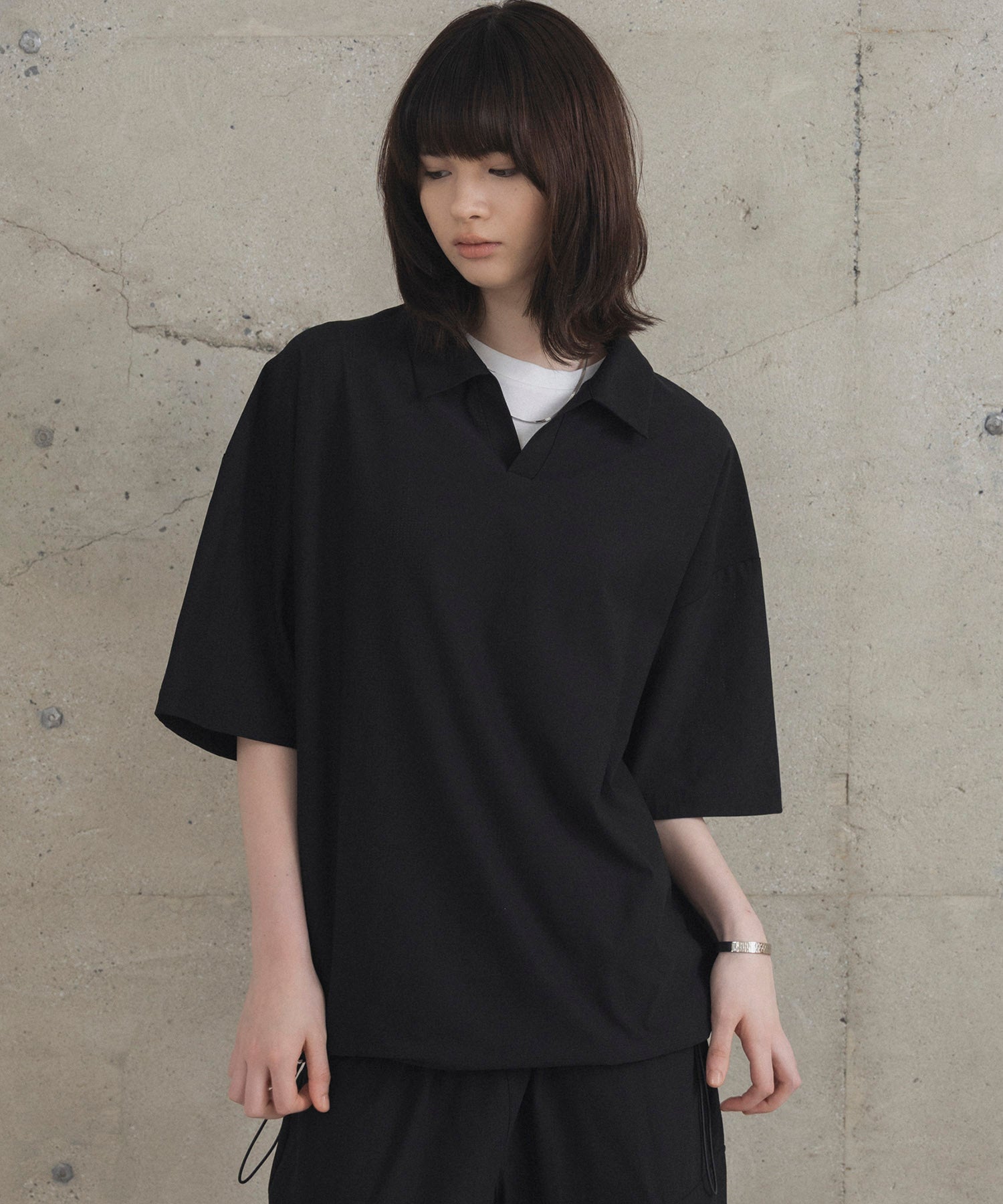 ビックシルエット ポリメッシュ ドロスト スキッパーシャツ