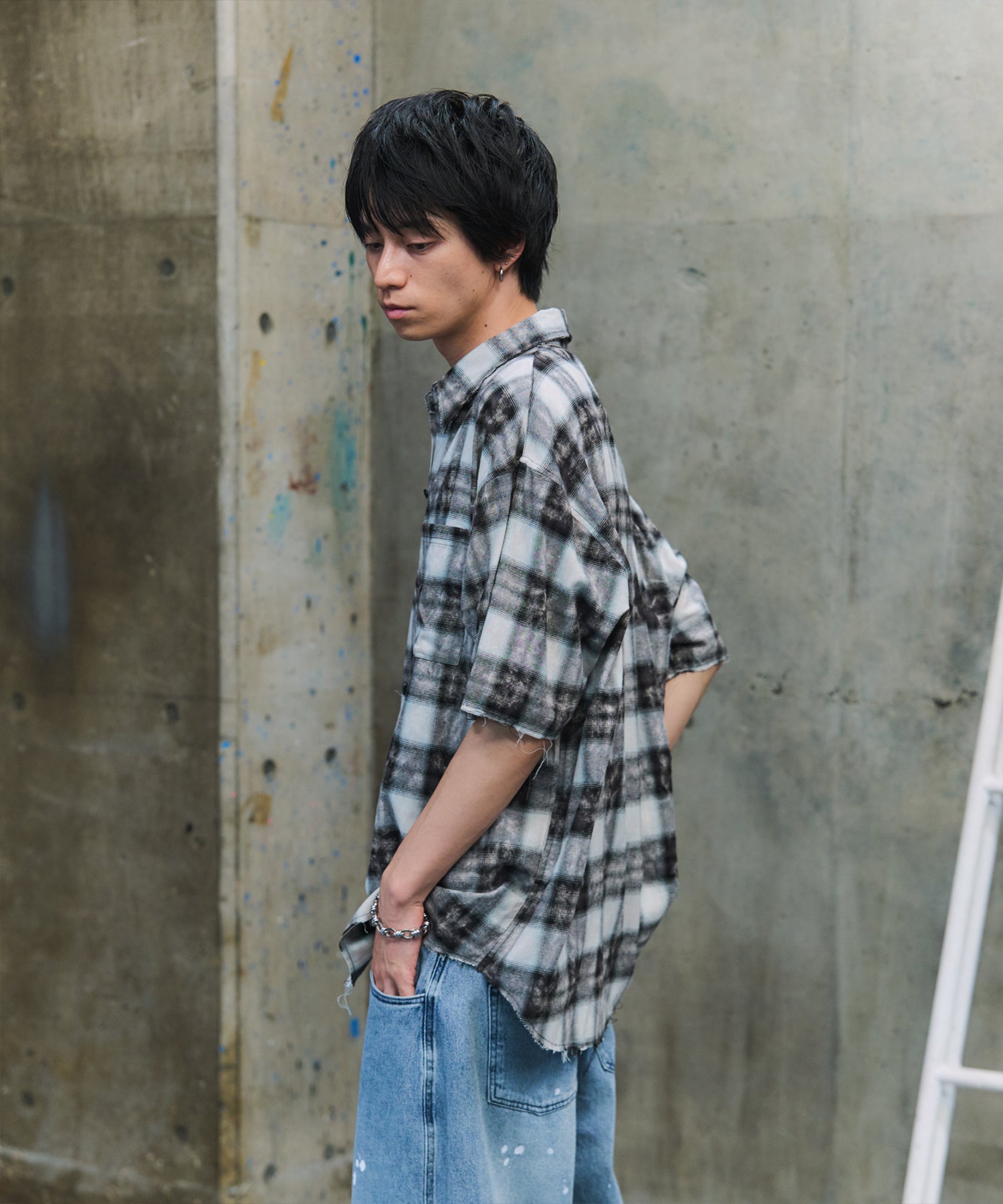 ウォッシュ加工 半袖チェックシャツ