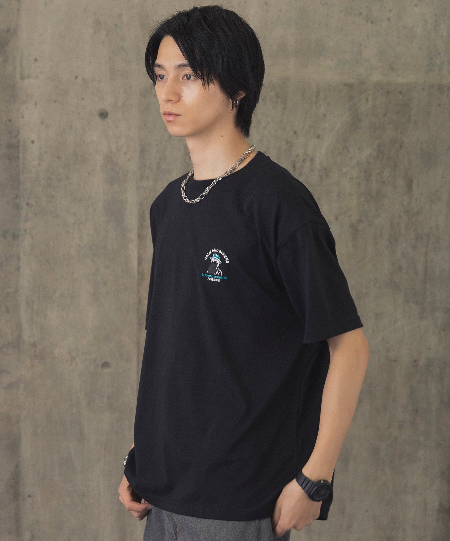 ヒゲオジサンA ワンポイント刺繍ロゴ ビッグシルエット半袖Tシャツ