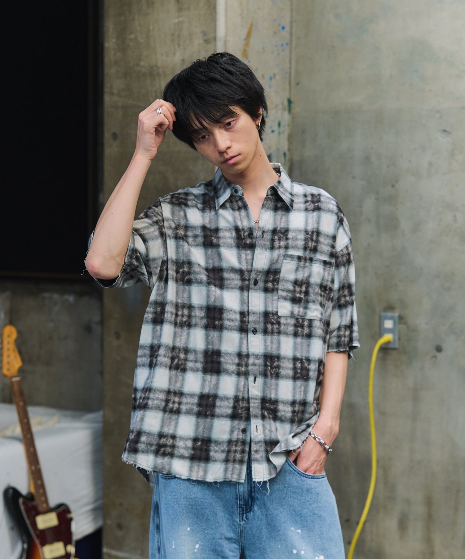 ウォッシュ加工 半袖チェックシャツ