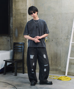 ハードウォッシュ加工 ワンポイント刺繍  ボックスシルエット 半袖Tシャツ