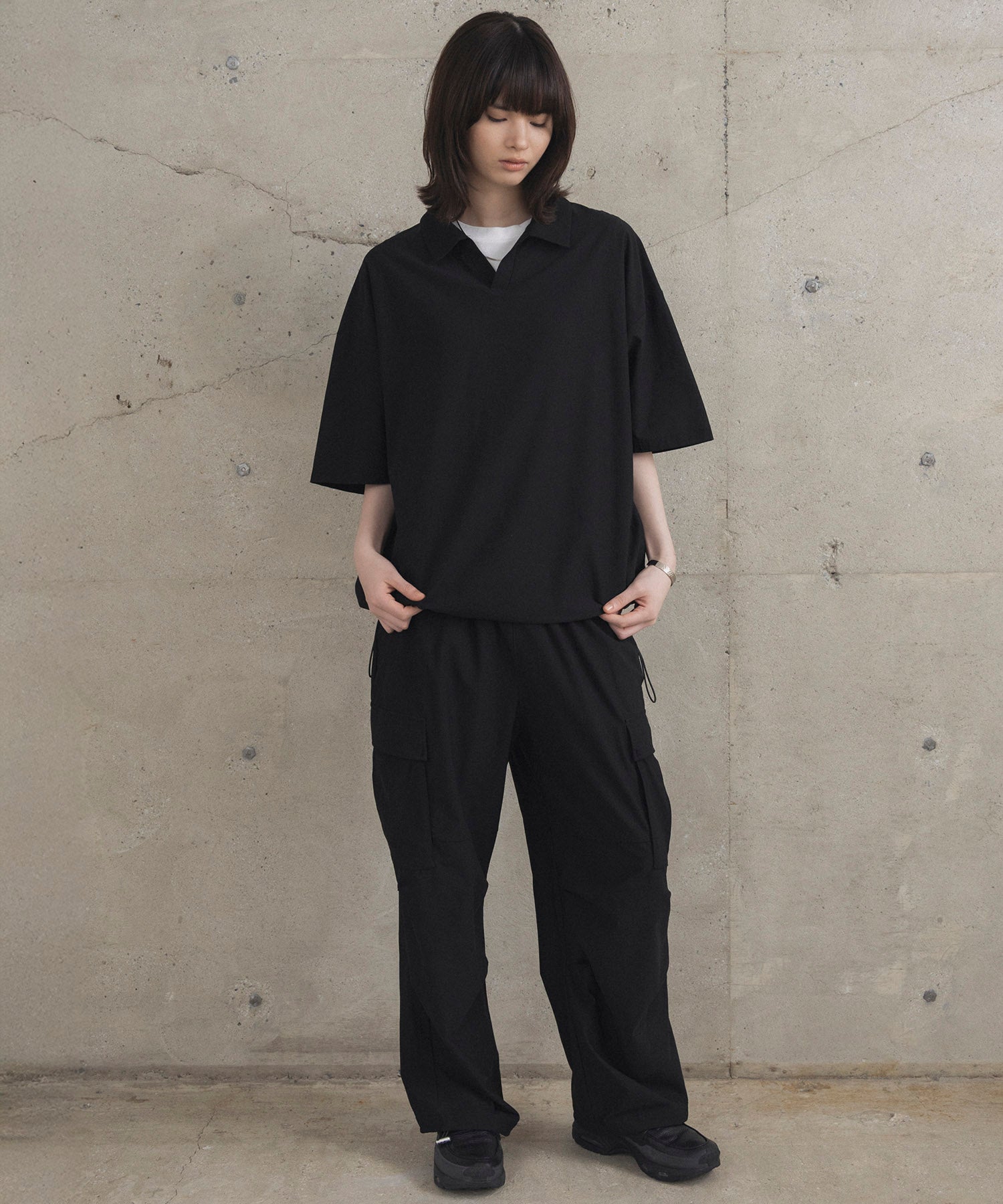 ビックシルエット ポリメッシュ ドロスト スキッパーシャツ