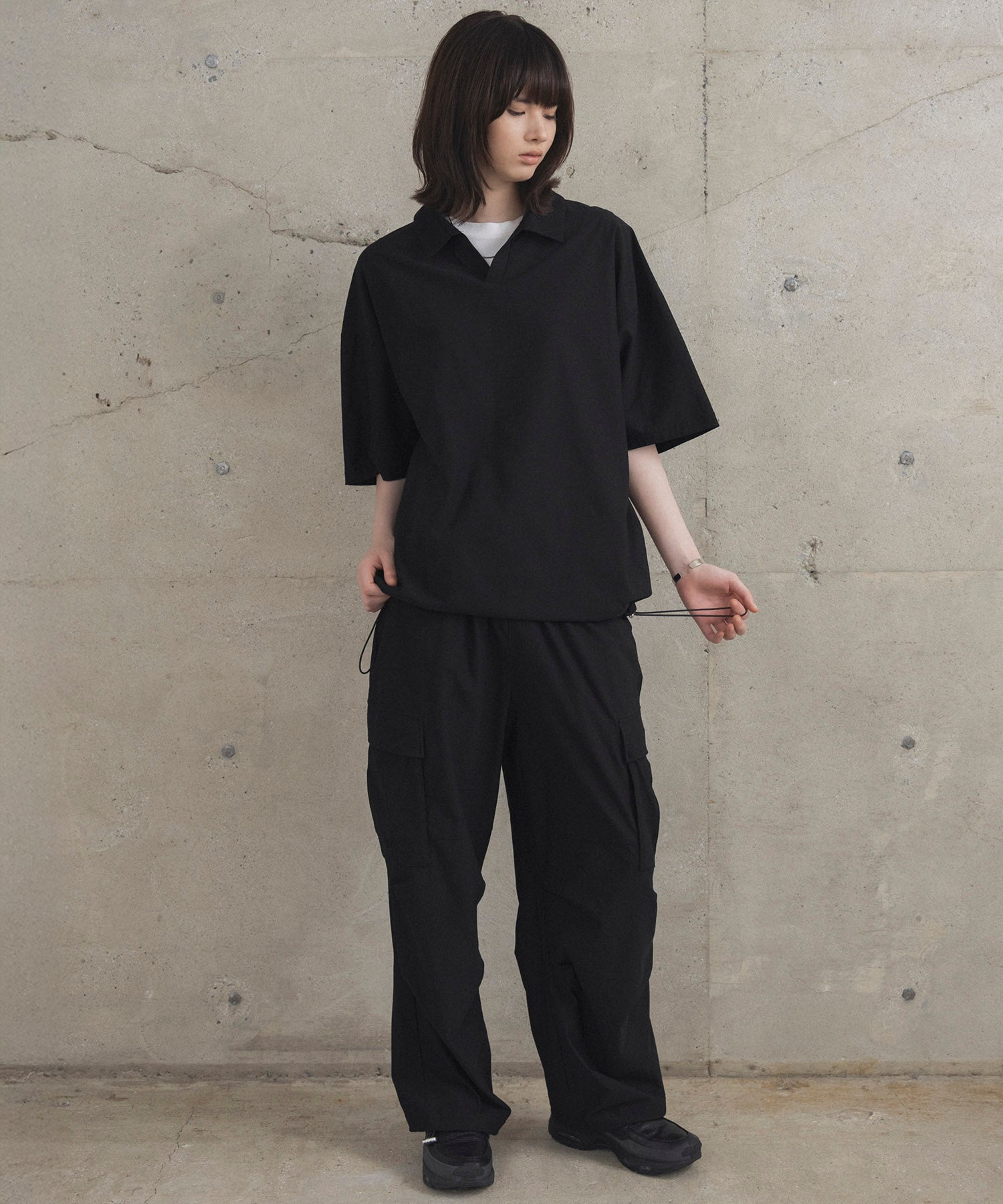 ビックシルエット ポリメッシュ ドロスト スキッパーシャツ