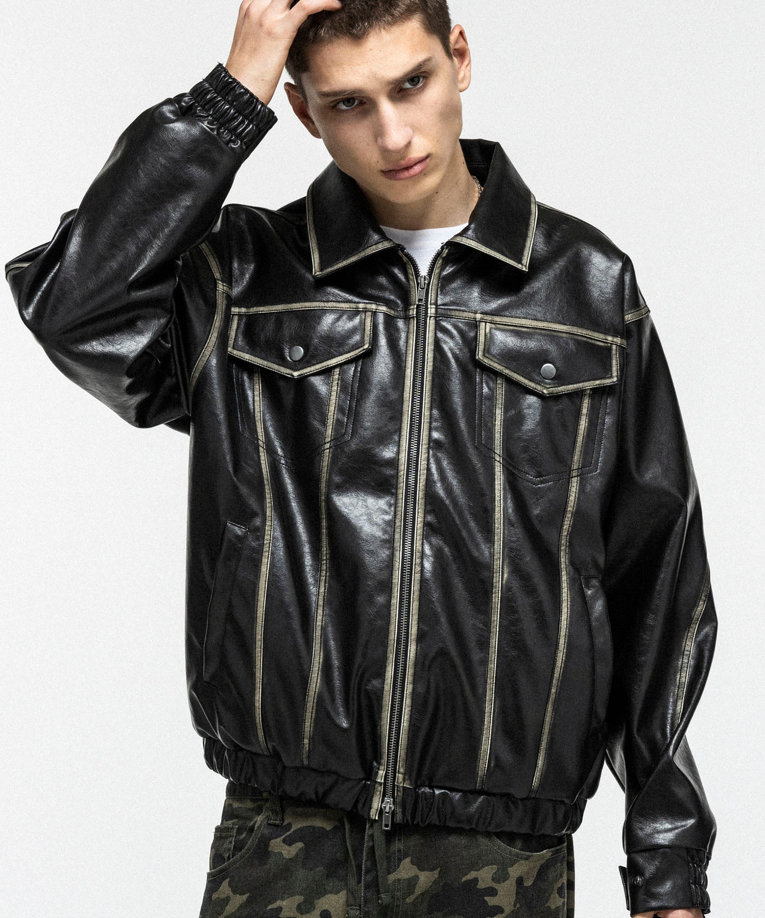 VINTAGE-LIKE FAUX LEATHER BLOUSON / ヴィンテージライクフェイクレザーブルゾン