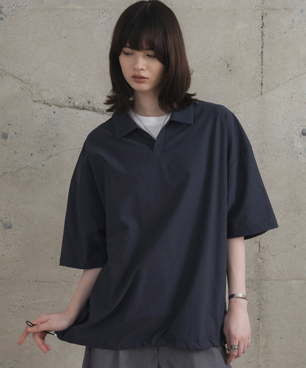 ビックシルエット ポリメッシュ ドロスト スキッパーシャツ