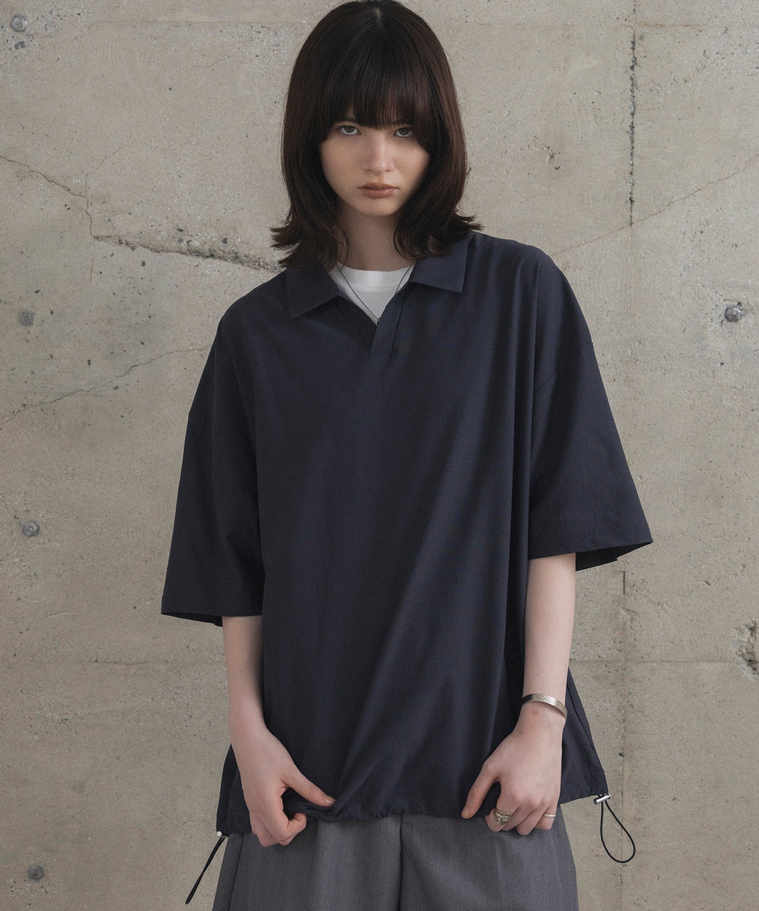 ビックシルエット ポリメッシュ ドロスト スキッパーシャツ