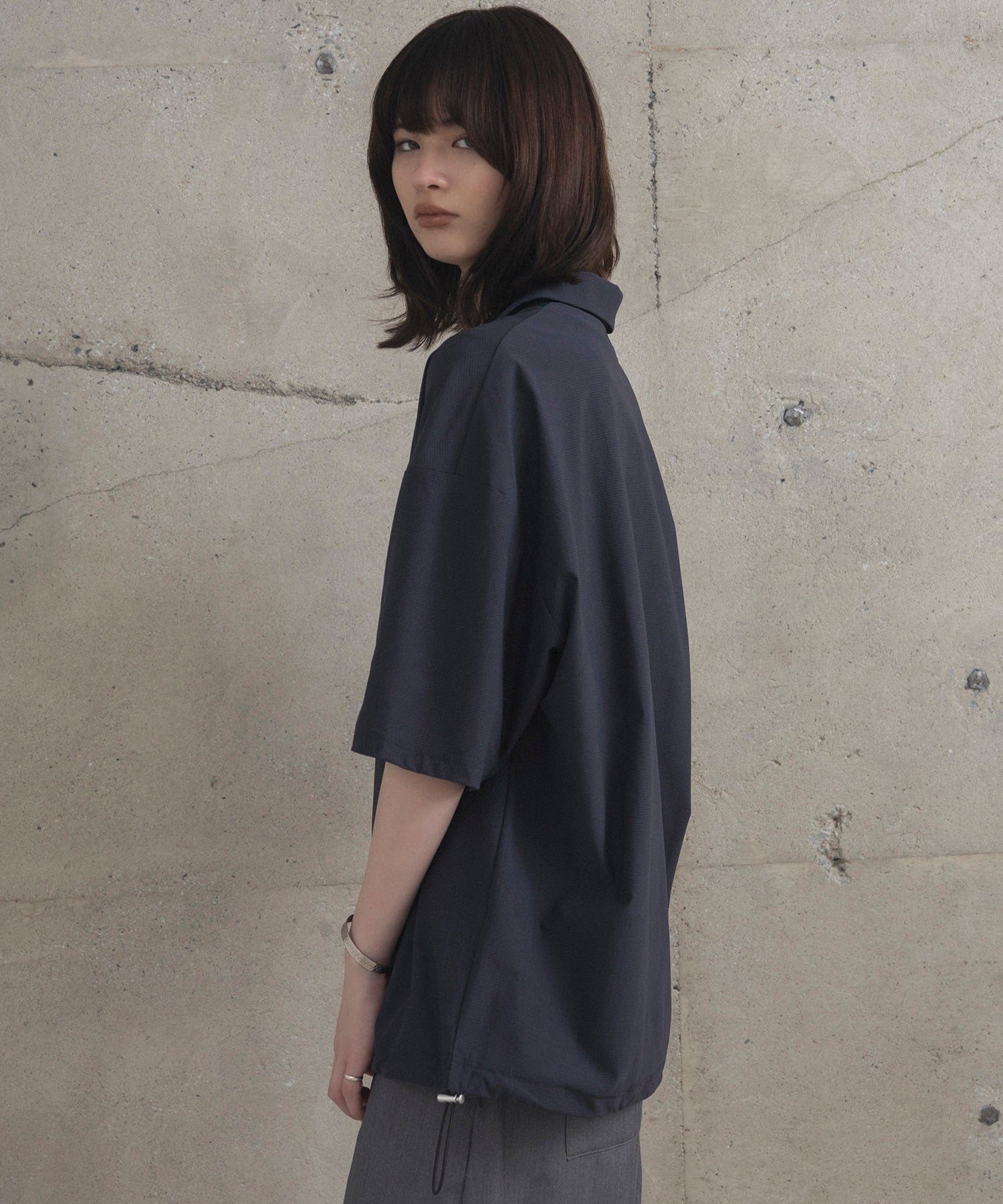 ビックシルエット ポリメッシュ ドロスト スキッパーシャツ