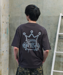 クラウン ボックスシルエット グランジ風 レトロモチーフ バックプリント 半袖Tシャツ