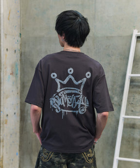 クラウン ボックスシルエット グランジ風 レトロモチーフ バックプリント 半袖Tシャツ