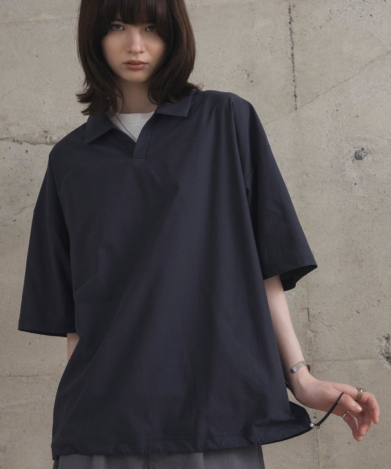 ビックシルエット ポリメッシュ ドロスト スキッパーシャツ