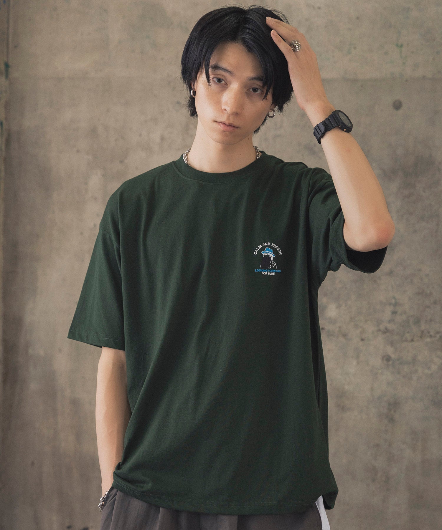 ヒゲオジサンA ワンポイント刺繍ロゴ ビッグシルエット半袖Tシャツ