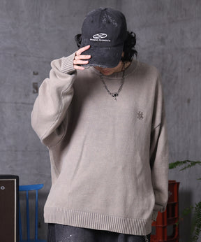 ヴィンテージライク ピグメント加工 ビッグシルエット ワンポイント刺繍 レトロプルオーバーニット