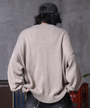 ヴィンテージライク ピグメント加工 ビッグシルエット ワンポイント刺繍 レトロプルオーバーニット