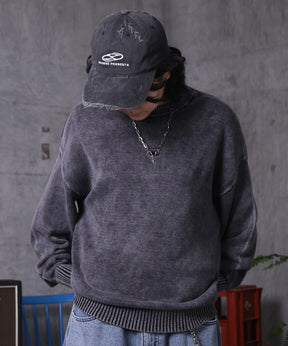 ヴィンテージライク ピグメント加工 ビッグシルエット ワンポイント刺繍 レトロプルオーバーニット