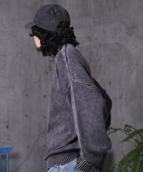 ヴィンテージライク ピグメント加工 ビッグシルエット ワンポイント刺繍 レトロプルオーバーニット