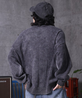 ヴィンテージライク ピグメント加工 ビッグシルエット ワンポイント刺繍 レトロプルオーバーニット