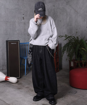 ヴィンテージライク ピグメント加工 ビッグシルエット ワンポイント刺繍 レトロプルオーバーニット