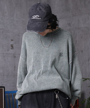 ヴィンテージライク ピグメント加工 ビッグシルエット ワンポイント刺繍 レトロプルオーバーニット