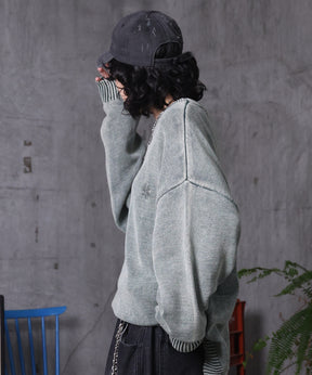 ヴィンテージライク ピグメント加工 ビッグシルエット ワンポイント刺繍 レトロプルオーバーニット