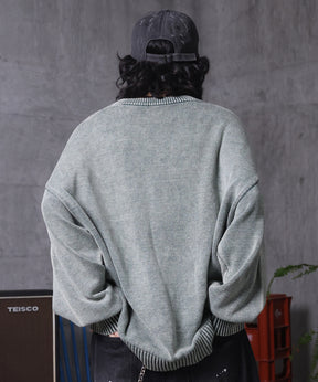 ヴィンテージライク ピグメント加工 ビッグシルエット ワンポイント刺繍 レトロプルオーバーニット