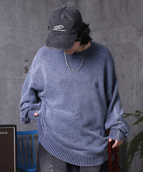 ヴィンテージライク ピグメント加工 ビッグシルエット ワンポイント刺繍 レトロプルオーバーニット