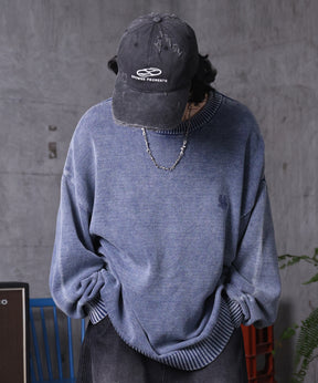 ヴィンテージライク ピグメント加工 ビッグシルエット ワンポイント刺繍 レトロプルオーバーニット