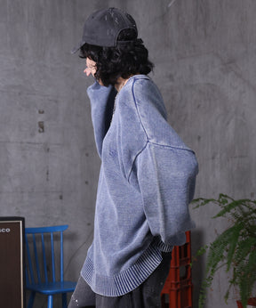 ヴィンテージライク ピグメント加工 ビッグシルエット ワンポイント刺繍 レトロプルオーバーニット