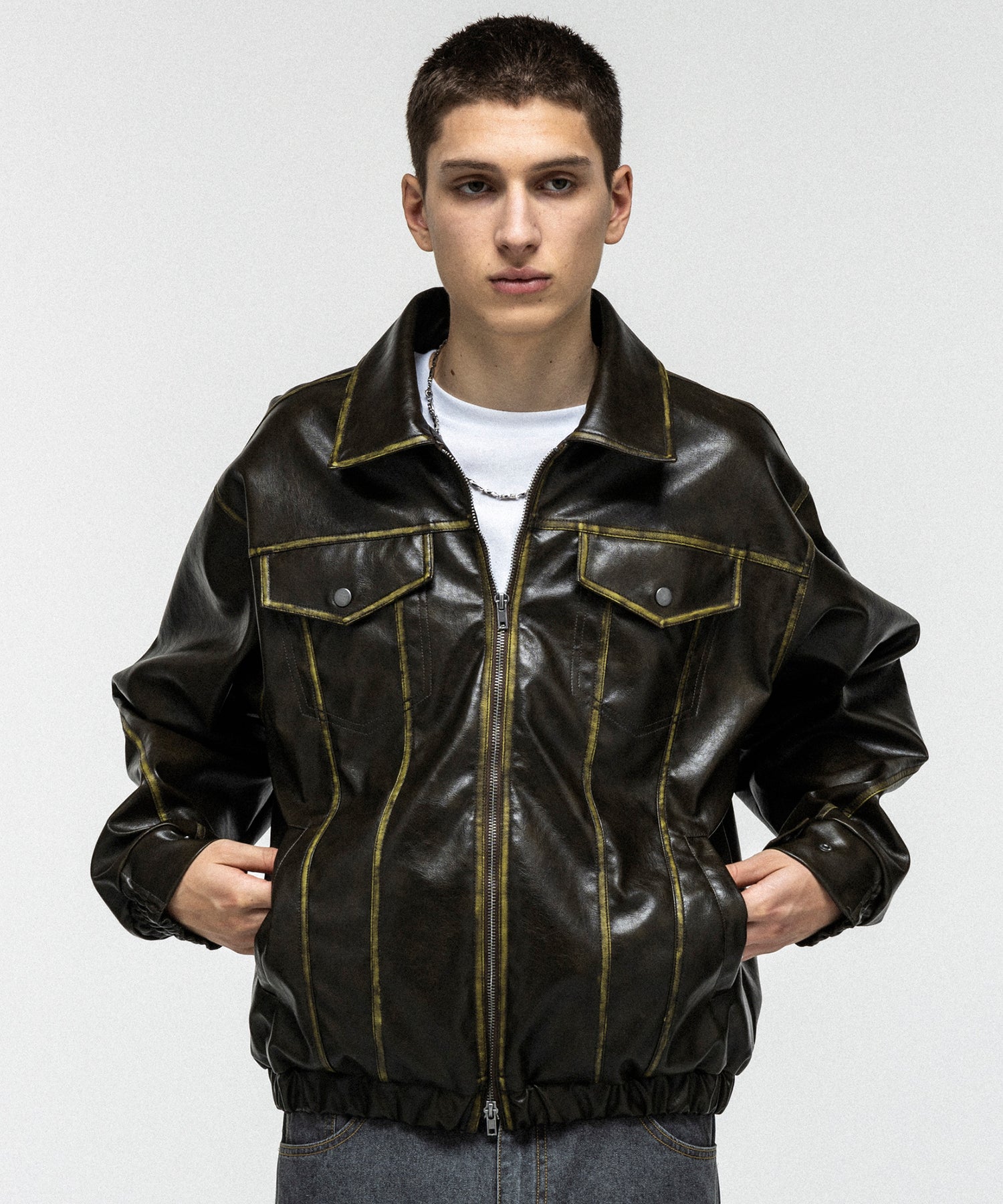 VINTAGE-LIKE FAUX LEATHER BLOUSON / ヴィンテージライクフェイクレザーブルゾン