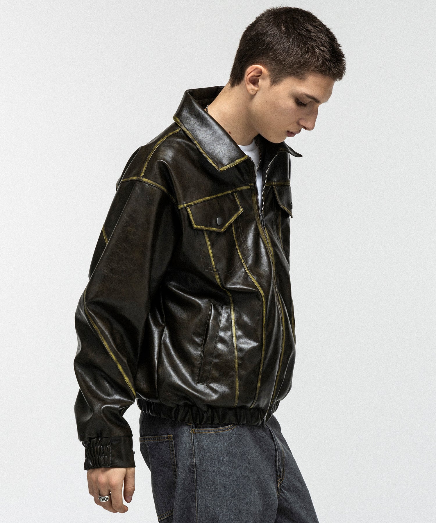VINTAGE-LIKE FAUX LEATHER BLOUSON / ヴィンテージライクフェイクレザーブルゾン