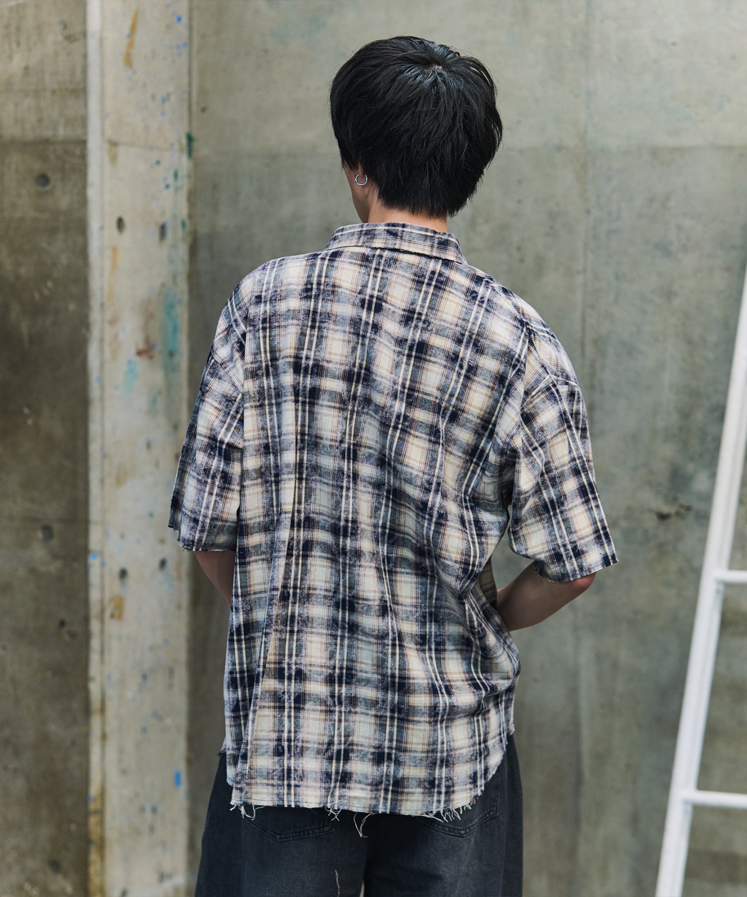 ウォッシュ加工 半袖チェックシャツ