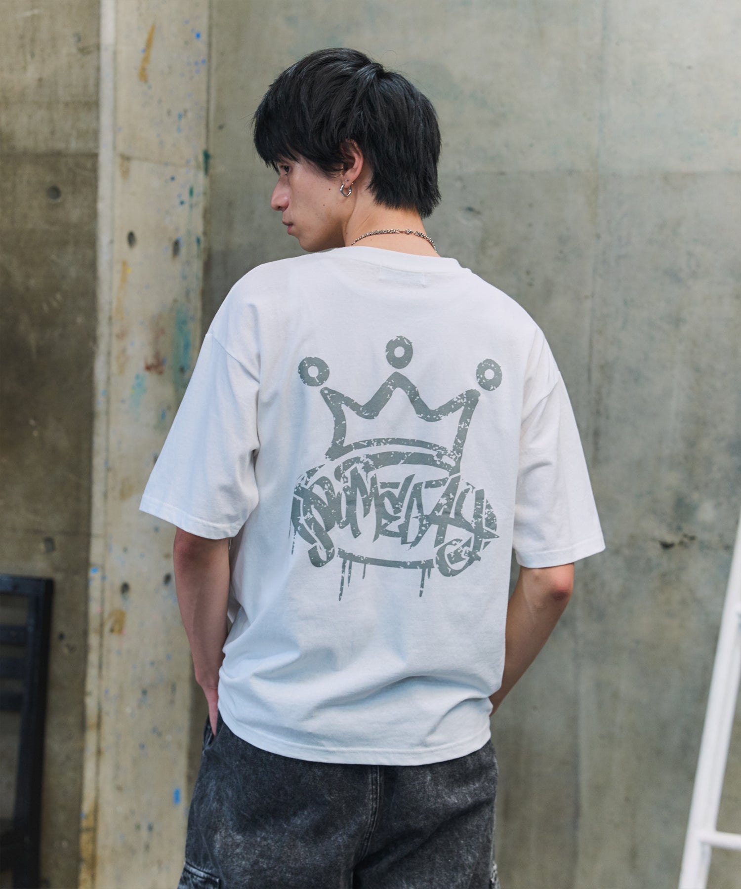 クラウン ボックスシルエット グランジ風 レトロモチーフ バックプリント 半袖Tシャツ