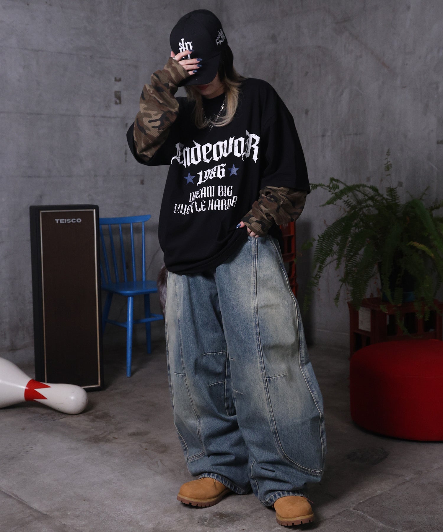 【MAROCORE / マロコア】フェイクレイヤード 袖 カモ柄 プリント ロンT