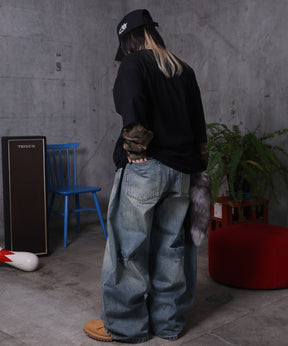 【MAROCORE / マロコア】フェイクレイヤード 袖 カモ柄 プリント ロンT