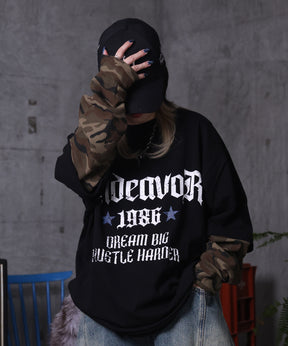 【MAROCORE / マロコア】フェイクレイヤード 袖 カモ柄 プリント ロンT