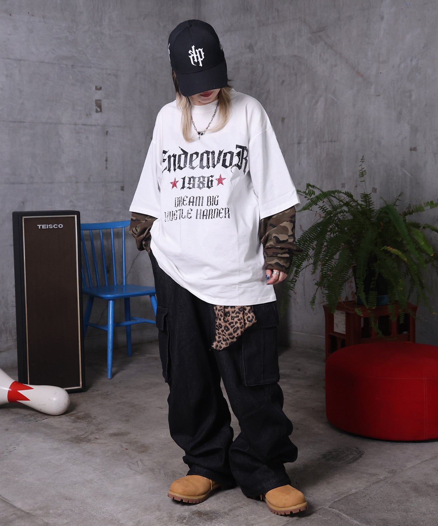 【MAROCORE / マロコア】フェイクレイヤード 袖 カモ柄 プリント ロンT