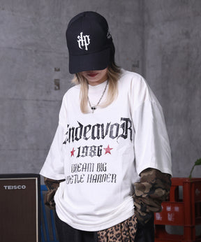 【MAROCORE / マロコア】フェイクレイヤード 袖 カモ柄 プリント ロンT